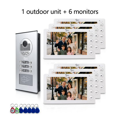 Anjielo 7 Inch Wired Multi Family Video Intercom System 2-12 Units Apartment Building Door Phone with RFID Unlock IP65 Waterproof Outdoor Station