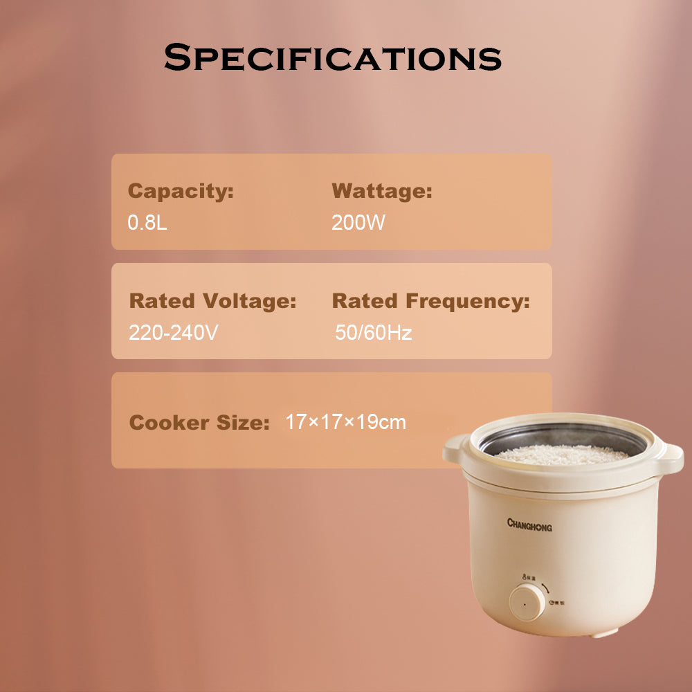 Small rice cooker with steamer non-stick coating removable rice bowl, one-touch operation mini rice cooker, suitable for 1-2 people, includes measuring cup and spatula (0.8L)