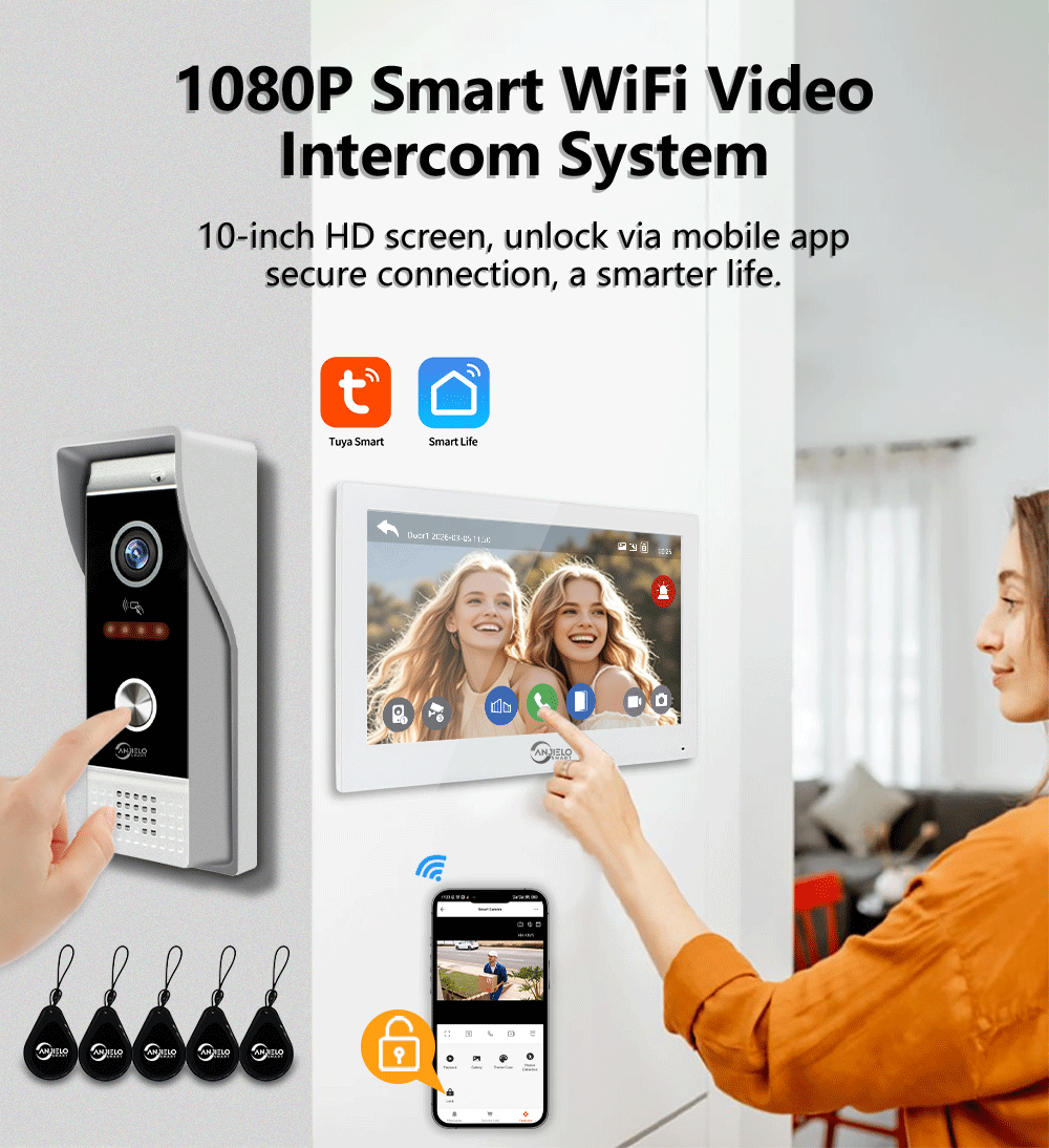 Anjielo 7/10 Inch 1080P Smart WiFi Video Intercom System with Tuya App 3-in-1 Unlock Motion Detection Alarm for Home Apartment