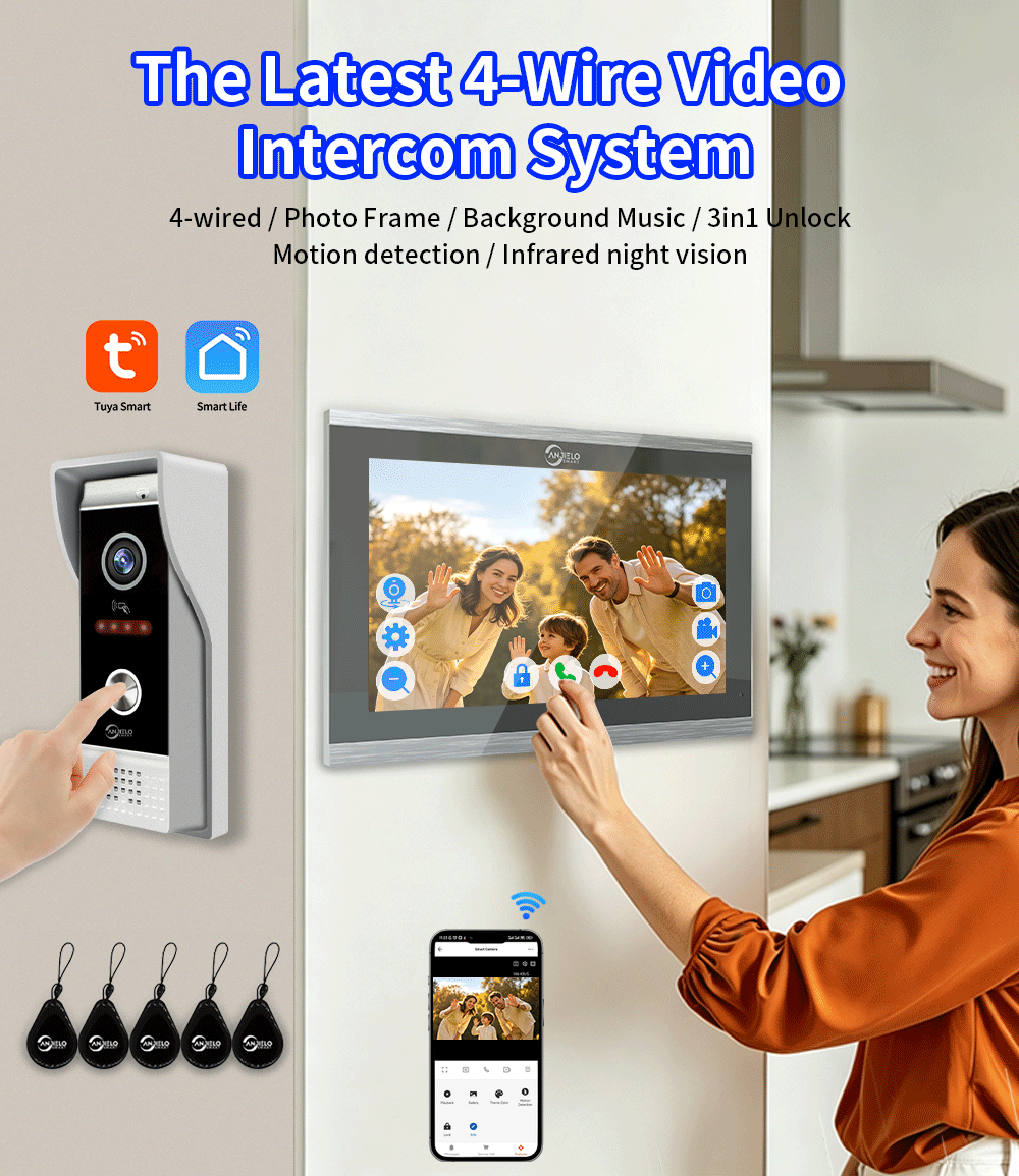 Anjielo 4 Wire 1080P 7/10 Inch Photo Frame with Infrared Night Vision Wifi Video Doorbell Intercom Tuya Smart Doorphone RFID Access Control System for Villa Apartment