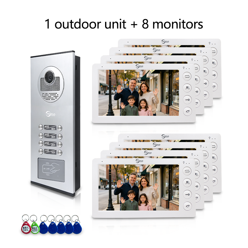 Anjielo 7 Inch Wired Multi Family Video Intercom System 2-12 Units Apartment Building Door Phone with RFID Unlock IP65 Waterproof Outdoor Station