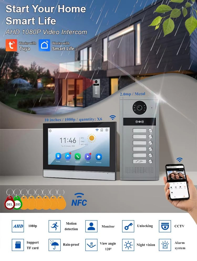 Anjielo Tuya 4 Wired Video Apartment Intercom System 7 Inch Monitor Support 6/12/18/24 Units 1080P Doorbell Intelligent Doorphone Kit with Motion Detection,Anti-tamper Alarm,3 in 1 Unlock for Flat House