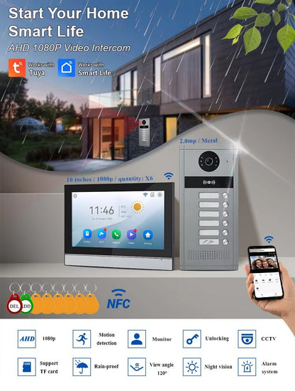 Anjielo Tuya 4 Wired Video Apartment Intercom System 7 Inch Monitor Support 6/12/18/24 Units 1080P Doorbell Intelligent Doorphone Kit with Motion Detection,Anti-tamper Alarm,3 in 1 Unlock for Flat House