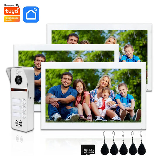 Tuya  Smart 1080P Video Door Phone Intercom System For 3-Family 10-inch IPS Touchscreen Support RFID Unlocking