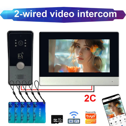 2 Wire Door Intercom System Tuya Smart Home Wifi 1080P Camera Doorbell With RFID Card Unlock 7 Touch Screen Security Protect