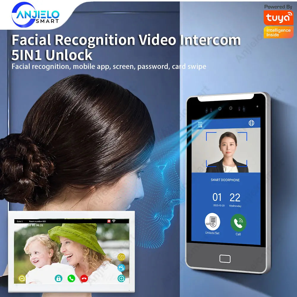 Anjielo Tuya Smart  AI facial recognition building IP video intercom system, 5-in-1 Unlock and Connect Multiple Monitors Integrated Solution, suitable for villas/hotels and communities