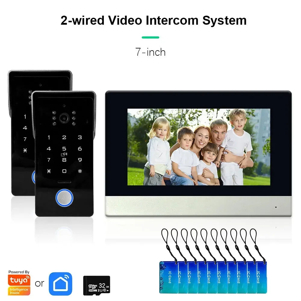 Anjielo Tuya Smart IP Two-line Doorbell Video Intercom System with Password IC Card Unlock 1080P Camera 7 Inch Touch Screen