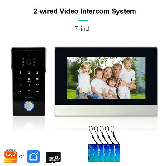 Anjielo Tuya Smart IP Two-line Doorbell Video Intercom System with Password IC Card Unlock 1080P Camera 7 Inch Touch Screen