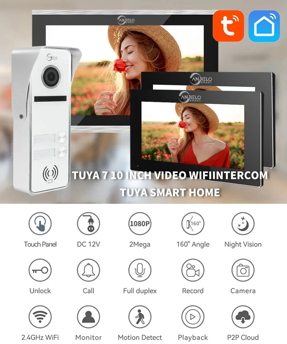 Wifi Intercom Tuya 7/10 Inch Video Tuya Smart Home video 2 doorbell System 1080P 160°Wired Doorbell Camera Full Touch Monitor