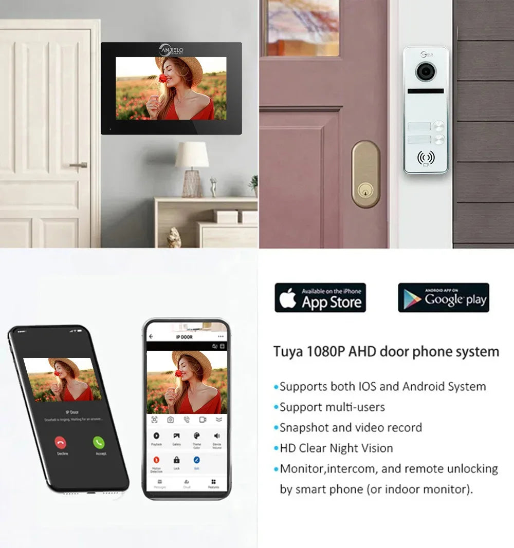 Anjielo Smart Wifi Intercom Tuya 7/10 Inch Video Tuya Smart Home video 2 doorbell System 1080P 160°Wired Doorbell Camera Full Touch Monitor