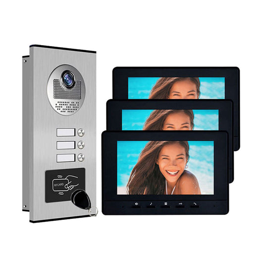 Interphone vidéo couleur 7 ''carte RFID caméra vidéo sonnette avec 2/3/4 moniteurs visiophone 500 utilisateurs pour plusieurs appartements 