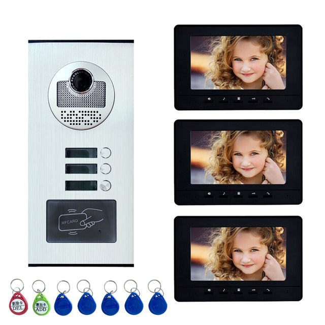 7'' Color Video Intercom RFID Card Camera Video Doorbell with 2 / 3 / 4 Monitors Video Door Phone 500 user for multi Apartments