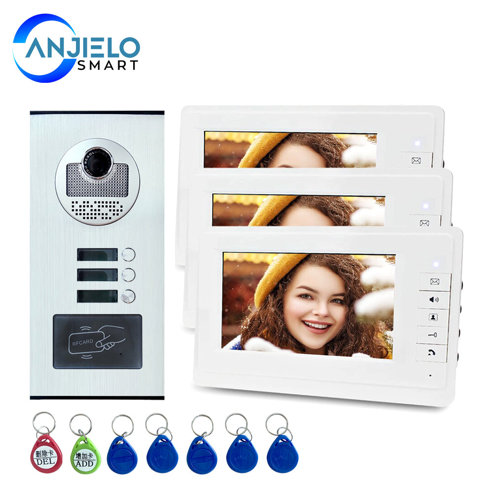 7'' TFT Screen Wired Video Intercom System RFID Access Entry Camera Doorbell 2 Monitors for Multi- Apartments/Home Security