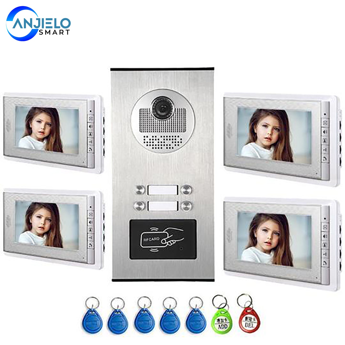 AnjieloSmart 2/3/4 Units Apartment Intercom System Video Doorbell Camera Aluminum Alloy 7" Monitor 7 RFID Card