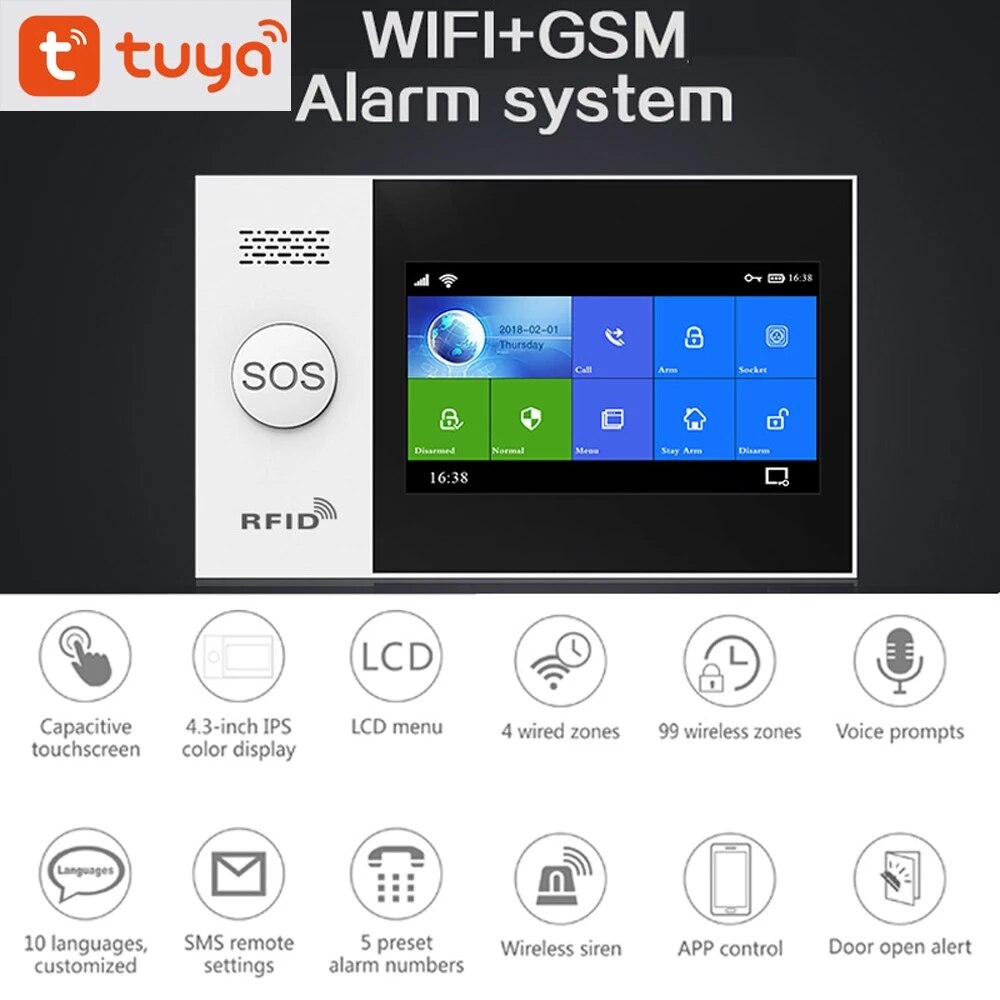 4.3 Inch 433MHZ WIFI GSM Home Wireless Security Burglar Alarm System Kits Monitor Motion Sensor Tuya APP IP Camera 10 Languages