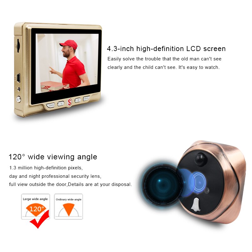 4.3-Inch LCD Peephole Doorbell Camera with 120 Degree PIR Motion Detection Video Recording Camera IR Night Vision For Home Security