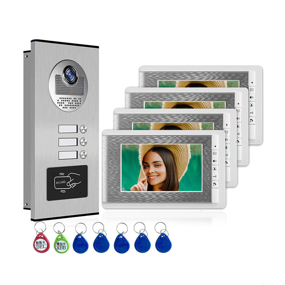 2/3/4 Units Apartment intercom system Video Door Phone Intercom Kits Aluminum Alloy Camera 7" Monitor video Doorbell 7 RFID Card