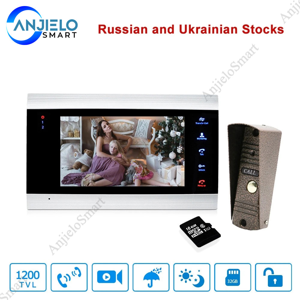 AnjieloSmart 7 Inch LCD Video Door phone Intercom System Door Release Unlock Video Door Phone Kit 1200TVL Wide Angle Lens