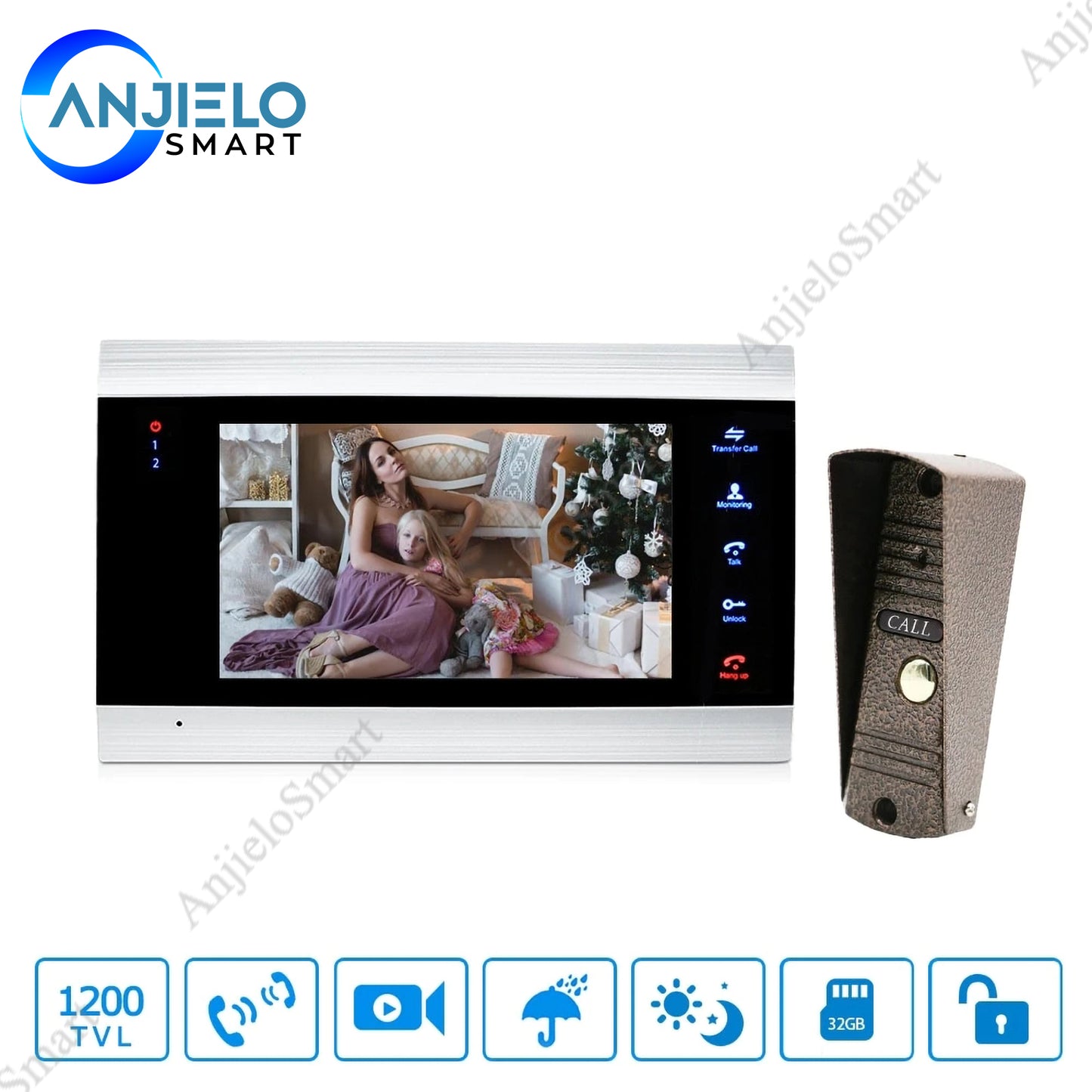 AnjieloSmart 7 Inch LCD Video Door phone Intercom System Door Release Unlock Video Door Phone Kit 1200TVL Wide Angle Lens