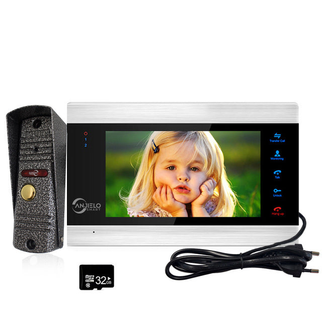 7 inch LCD Black Monitor 1200TVL Silver Doorbell Camera 32G Memory SD Card Security Camera Home Intercom Video Door Phone System