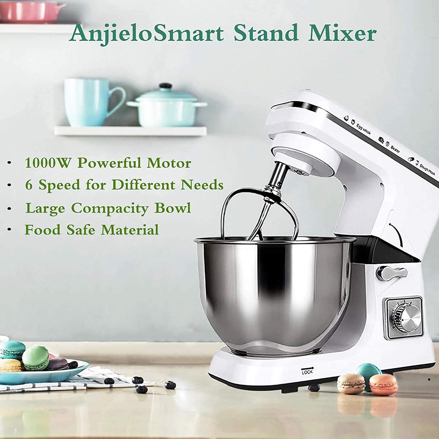 AnjieloSmart Stand Mixer 1000W Tilt-Head 5.3QT 6 Variable Speed Dough Mixer White