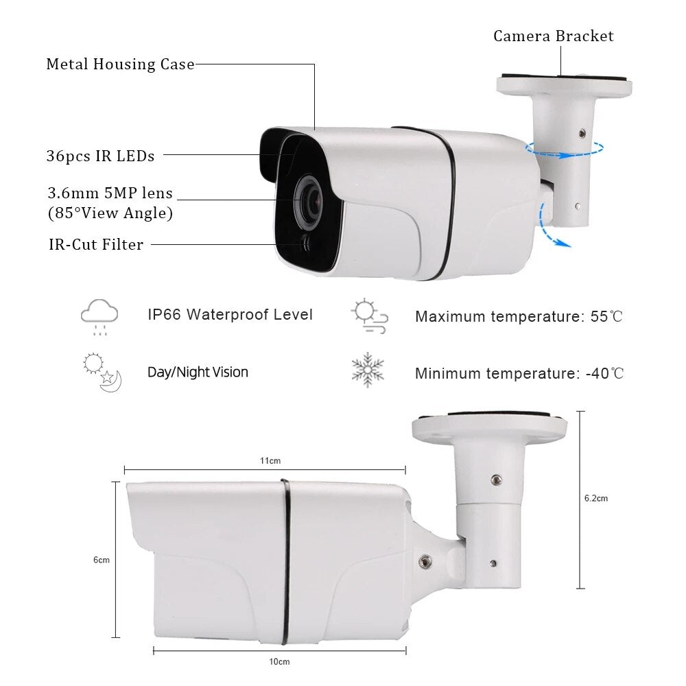 AnjieloSmart 720/1080P AHD Caméra de sécurité Surveillance vidéo Caméra de sécurité extérieure étanche Couleur blanche 15M IR Vision nocturne 
