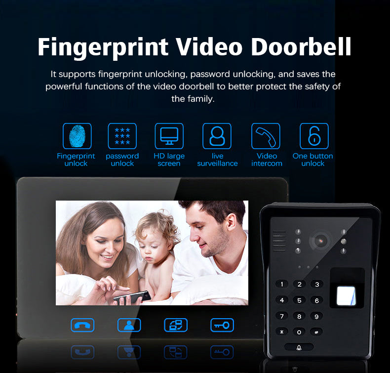 7-inch LCD Wired Fingerprint Password Video Door Phone Intercom IR Camera Doorbell Unlock Door Phone With IR Night Vision
