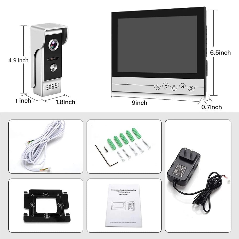 9 Inch Wired Video Door Phone System Visual Intercom Kit Doorbell With Waterproof Outdoor IR Camera For Home Security