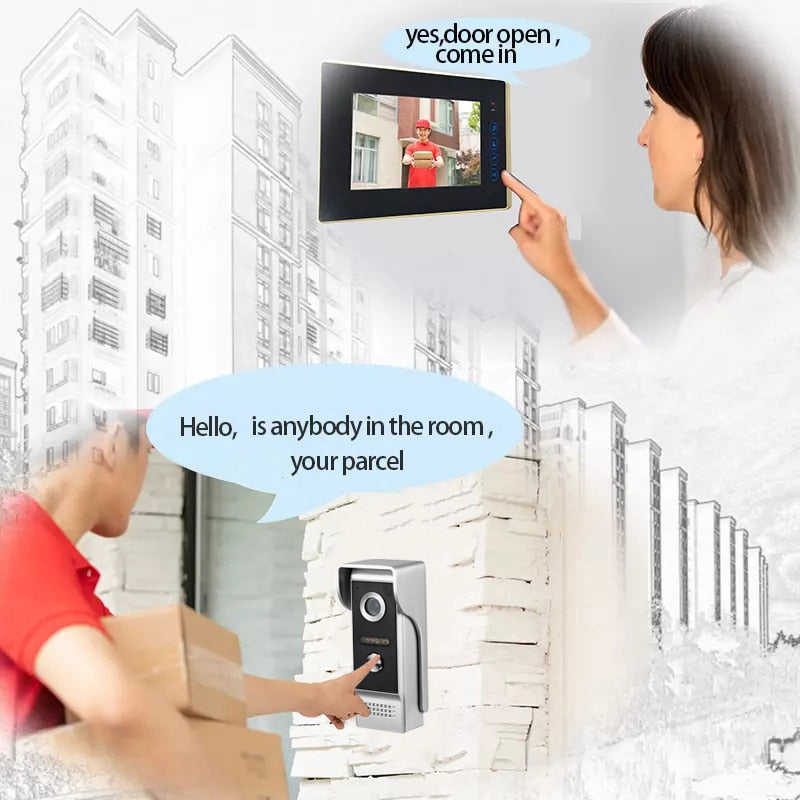 AnjieloSmart Wired Video Door Bell Intercom System with 7'' Inch Color Monitor Waterproof outdoor IR Camera for private homes