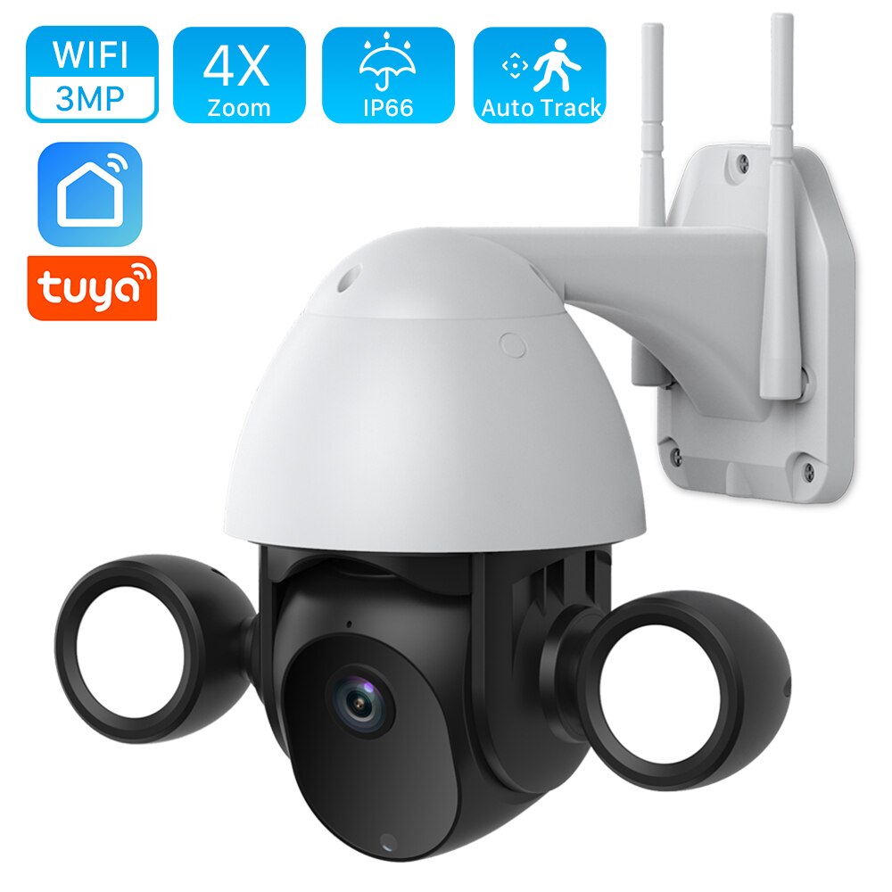 Cloud 3MP Tuya Floodlight WiFi Camera Outdoor 30M Color Night Vision Home Security Camera Auto Tacking Photo Alarm PTZ IP Camera
