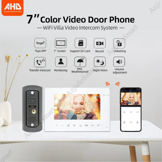 AnjieloSmart Tuya 7 Inch WiFi Video Door Phone Intercom System with AHD Wired Doorbell Camera Remote Motion Detection