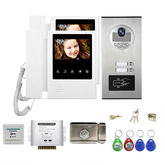 Home 4.3'' TFT Wired Video Intercom Doorbell System RFID Camera with 2 Monitor+Exit Button+ Electric Lock + Door Access System