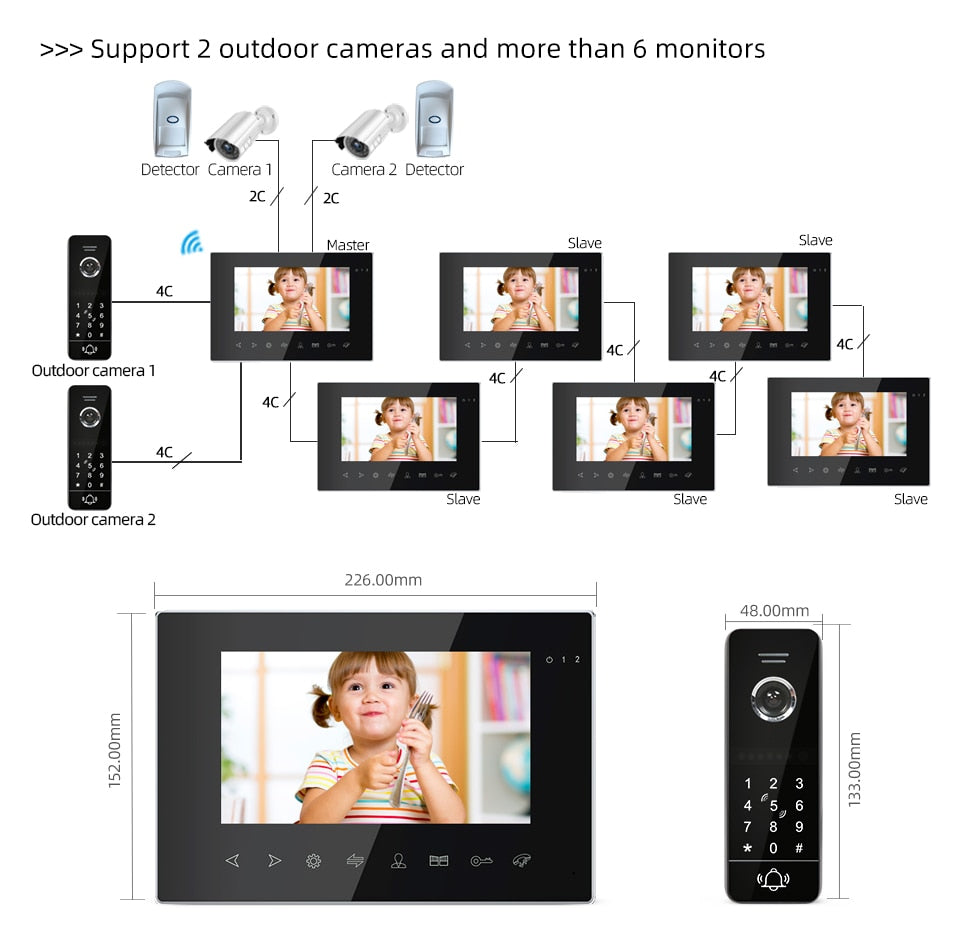 New 7 Inch Tuya Smart app Remote Wired monitor With IR Video Door Bell Support Password RFID Card Unlock For Home Access Control