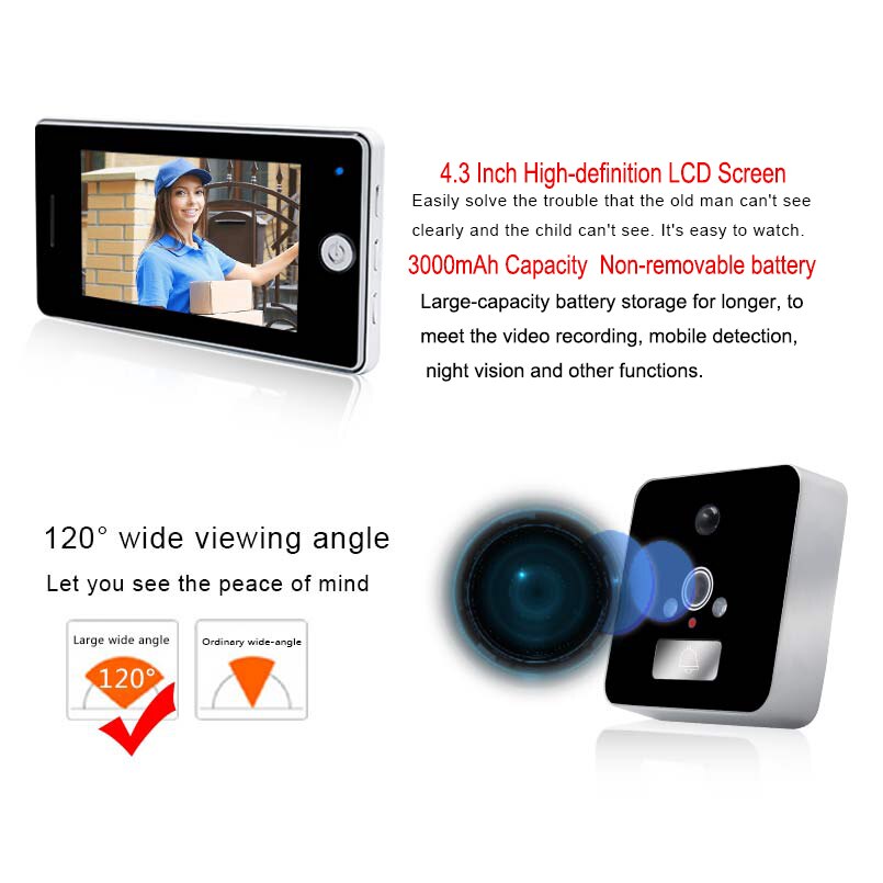 4.3 inch Wifi Video Doorbell Peephole Camera LCD Screen Door Viewer Video Recording Motion Detection Night Vision 7 languages