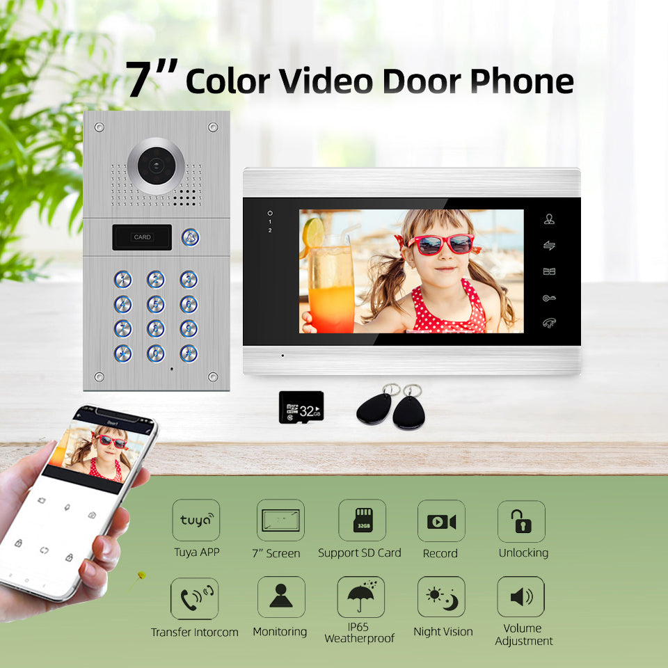 1080P Tuya WiFi Wired Video Intercom with Camera and Code Keypad/RFID Cards Access Control System Motion Detection Record