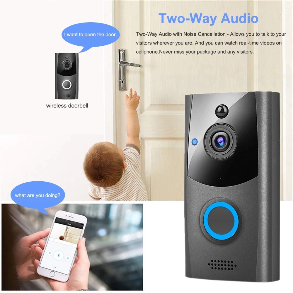 Wifi 720P Smart Home Wireless Video Doorbell with PIR Motion 2-Ways Audio Talk Night Vision Waterproof HD Security Camera