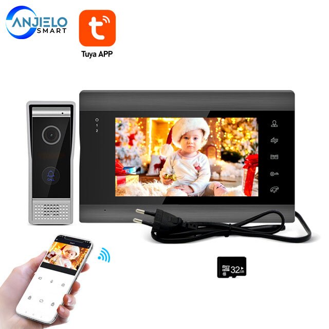 Tuya 7 inch 1080P/AHD Wifi Home Video Doorphone Intercom System Support Remote Unlock Motion Detect Record with 32G memory Card