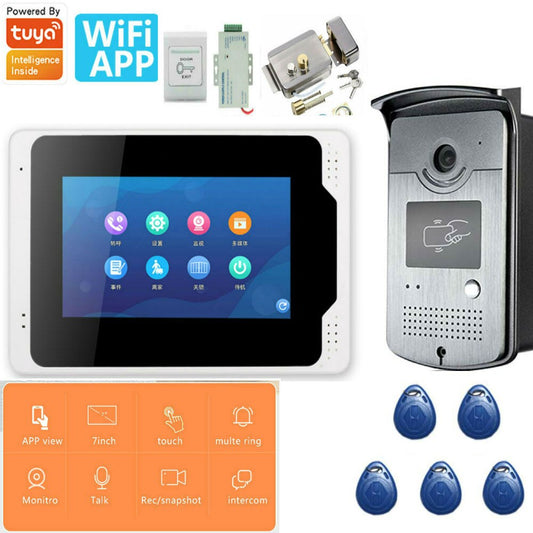 Tuya APP contrôle interphone vidéo 7 pouces LCD Wifi sans fil vidéo porte téléphone sonnette RFID haut-parleur interphone + serrure d'ouverture de porte 