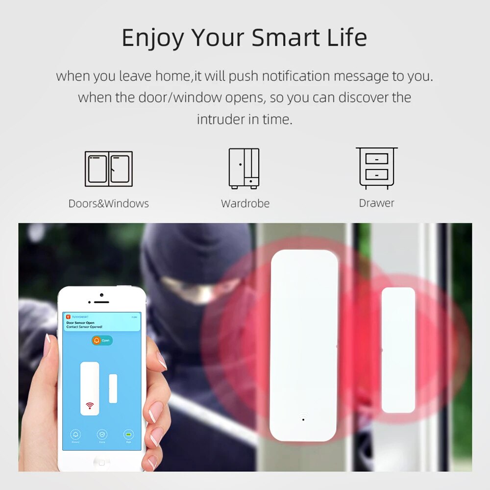 Tuya Smart WiFi Alarm Door Opening Detectors Cell phone APP Remote Alarm Alexa Google Home Smart Life Door Sensor