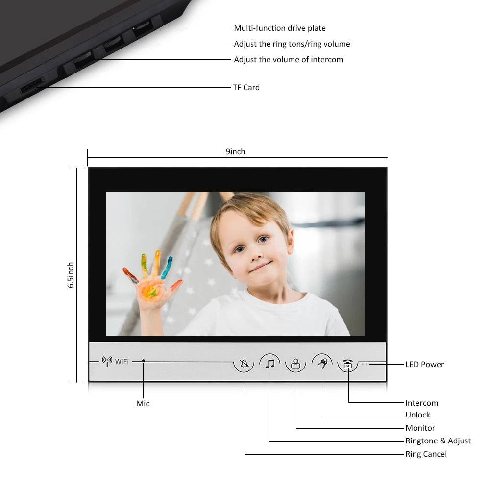 WIFI Smart 9 Inch Home Video Doorbell System Visual Door Phone Unlock HD Screen