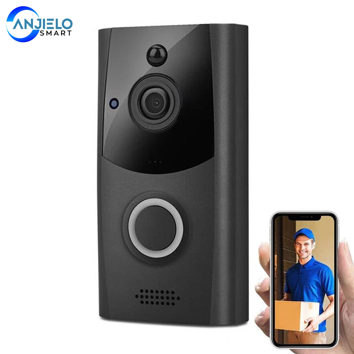 AnjieloSmart WiFi Wireless Video Doorbell Dual-Way Smart PIR Doorbell HD Security Camera High Resolution 720P