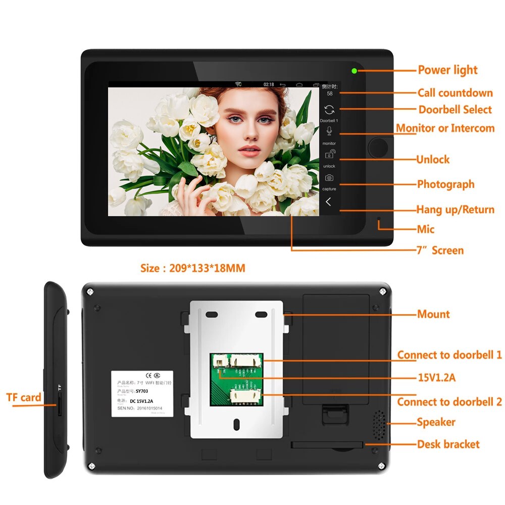 Wifi Smart 720P 7 inch Wired  Video Door Phone Doorbell Intercom Entry System,Support Remote APP unlocking Recording Snapshot