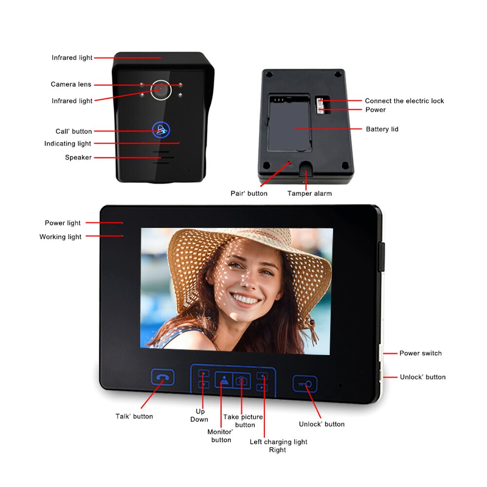 Wireless Video Doorbell 7 Inch  Digital Frequency Upgraded Touch Key Rainproof Video Intercom Doorbell with Unlock Function