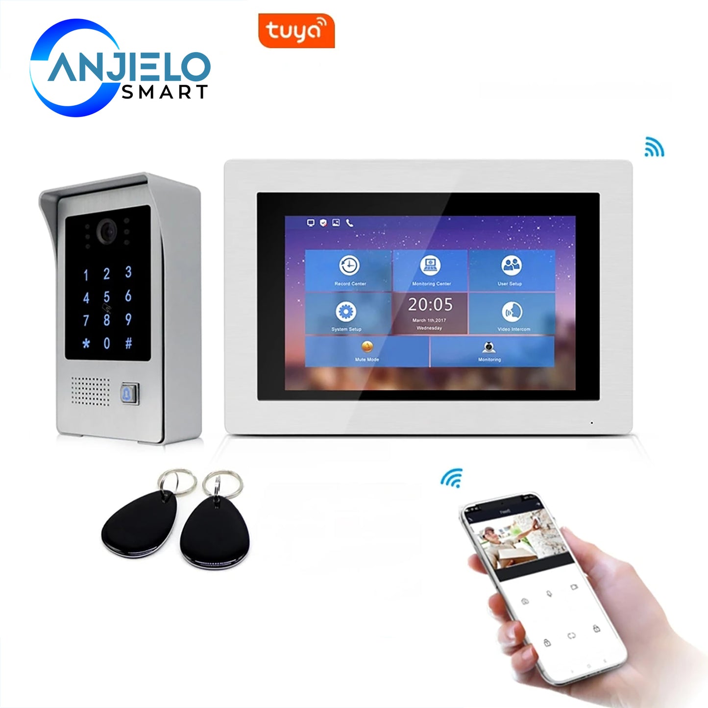 AnjieloSmart 1080P WiFi IP Video Doorbell with  7'' Touch Screen Remote Unlock Code Keypad RFIC Card Access Control